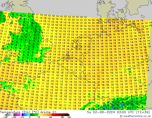 Temperature (2m) Arome 01 Su 02.06.2024 03 UTC