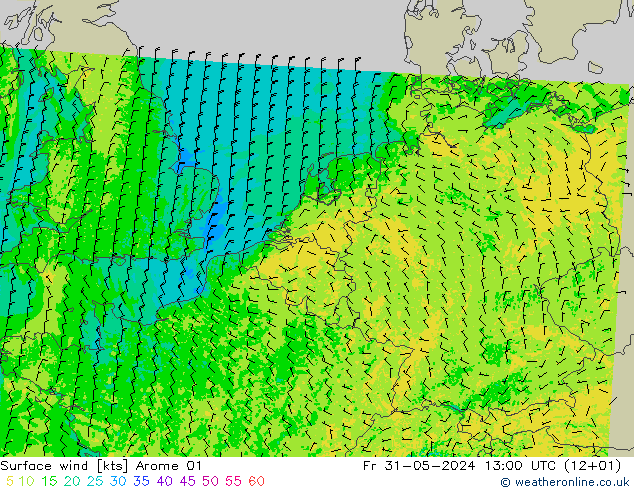 风 10 米 Arome 01 星期五 31.05.2024 13 UTC
