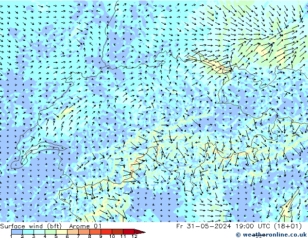 Surface wind (bft) Arome 01 Fr 31.05.2024 19 UTC