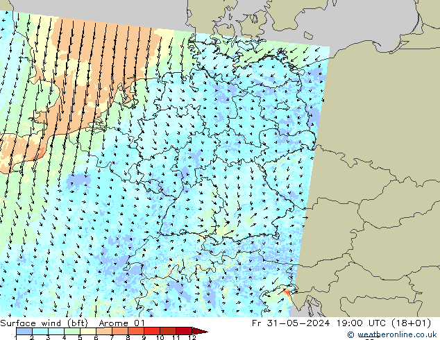Surface wind (bft) Arome 01 Pá 31.05.2024 19 UTC