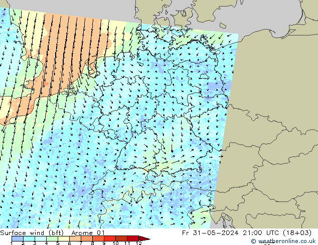 Wind 10 m (bft) Arome 01 vr 31.05.2024 21 UTC