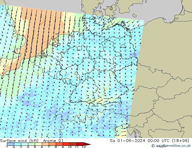 wiatr 10 m (bft) Arome 01 so. 01.06.2024 00 UTC