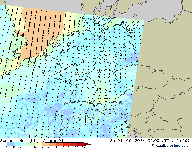 Wind 10 m (bft) Arome 01 za 01.06.2024 03 UTC