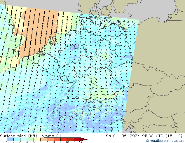 Surface wind (bft) Arome 01 So 01.06.2024 06 UTC