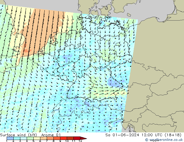 ве�Bе�@ 10 m (bft) Arome 01 сб 01.06.2024 12 UTC