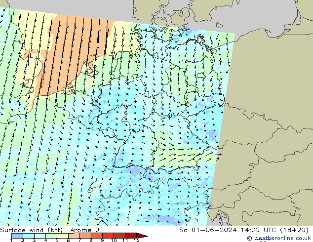 Wind 10 m (bft) Arome 01 za 01.06.2024 14 UTC