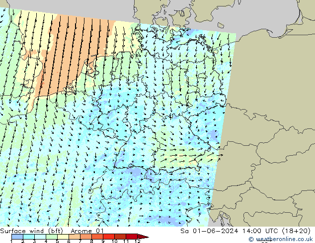 Vento 10 m (bft) Arome 01 Sáb 01.06.2024 14 UTC