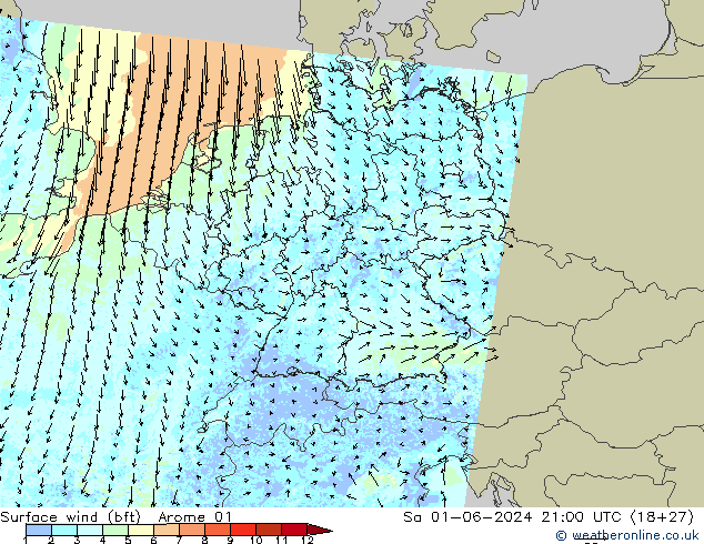 wiatr 10 m (bft) Arome 01 so. 01.06.2024 21 UTC