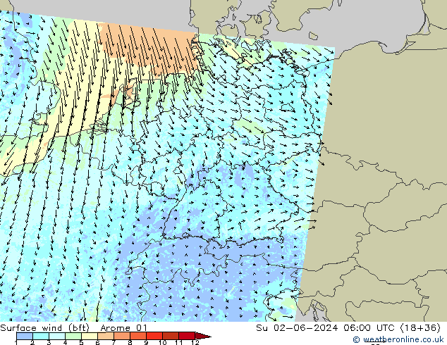  10 m (bft) Arome 01  02.06.2024 06 UTC