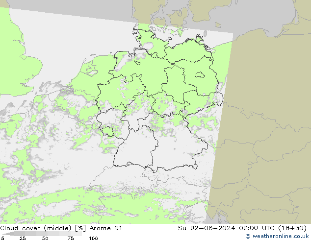 zachmurzenie (środk.) Arome 01 nie. 02.06.2024 00 UTC