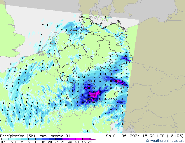 Precipitation (6h) Arome 01 Sa 01.06.2024 00 UTC
