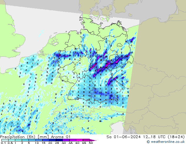 Precipitazione (6h) Arome 01 sab 01.06.2024 18 UTC