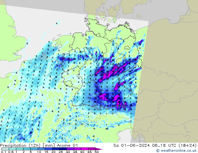 Precipitation (12h) Arome 01 Sa 01.06.2024 18 UTC