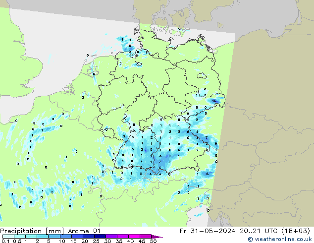 Srážky Arome 01 Pá 31.05.2024 21 UTC