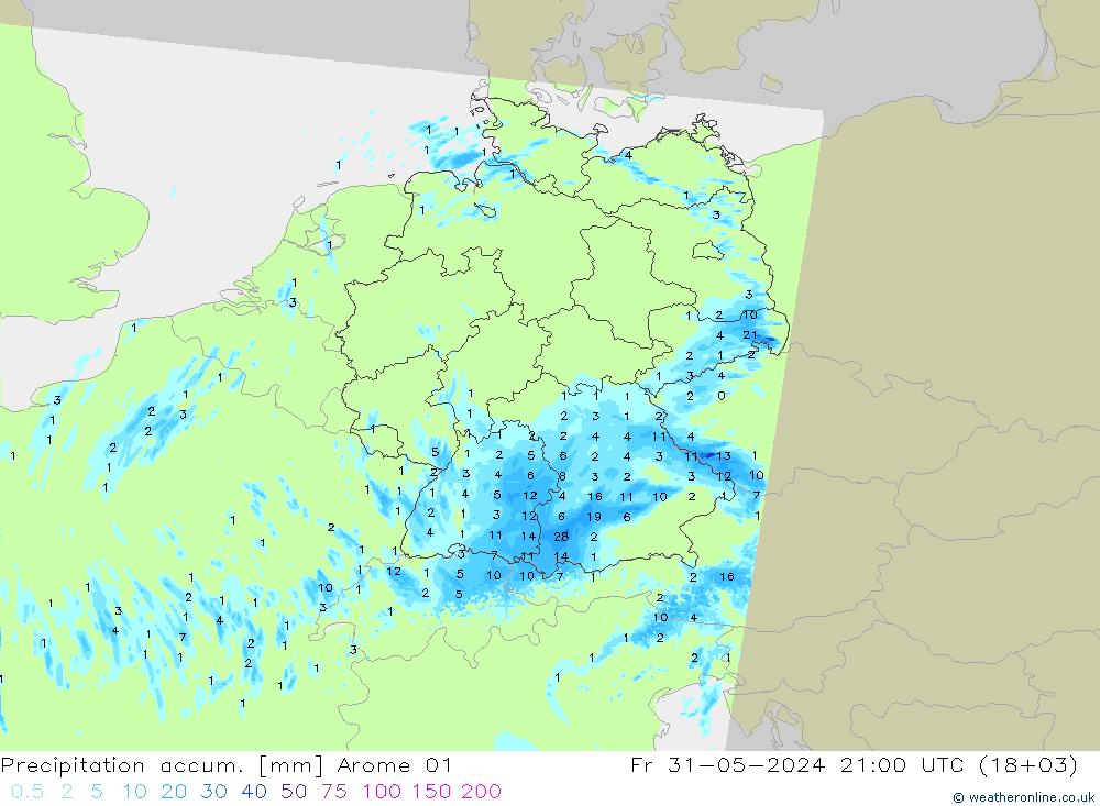 Precipitation accum. Arome 01 pt. 31.05.2024 21 UTC