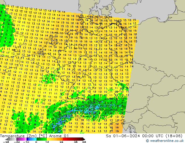 Temperature (2m) Arome 01 Sa 01.06.2024 00 UTC