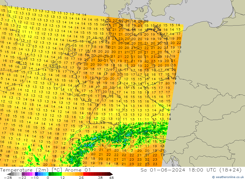 mapa temperatury (2m) Arome 01 so. 01.06.2024 18 UTC