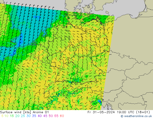 Vento 10 m Arome 01 ven 31.05.2024 19 UTC