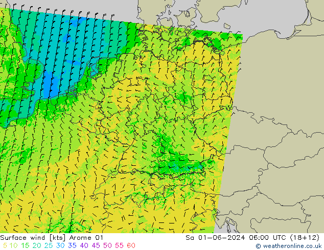 Wind 10 m Arome 01 za 01.06.2024 06 UTC