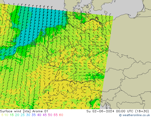 Vento 10 m Arome 01 dom 02.06.2024 00 UTC