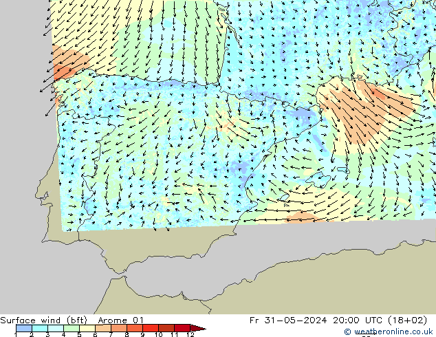 Surface wind (bft) Arome 01 Pá 31.05.2024 20 UTC