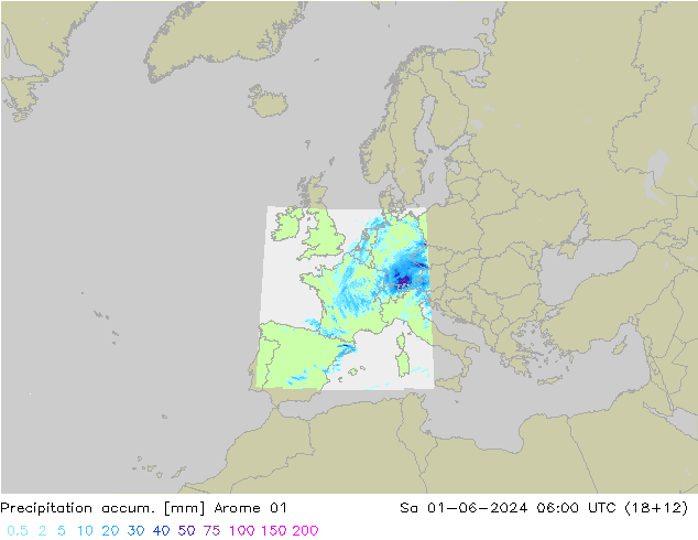 Precipitation accum. Arome 01 Sáb 01.06.2024 06 UTC