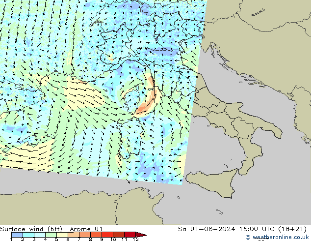 Surface wind (bft) Arome 01 So 01.06.2024 15 UTC