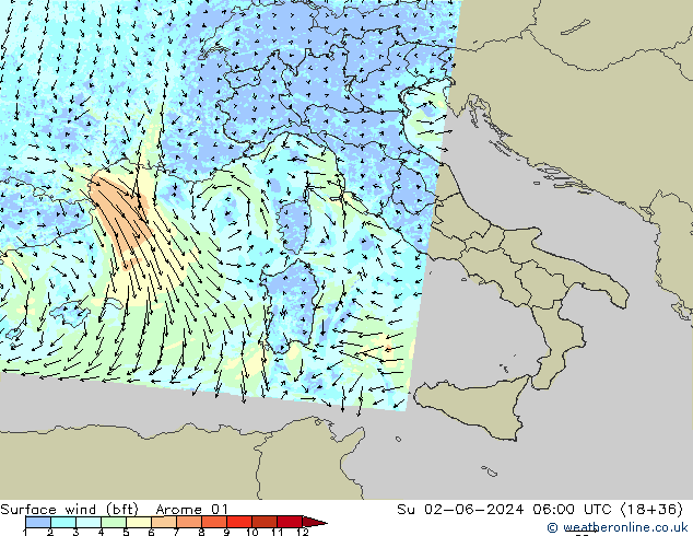 Rüzgar 10 m (bft) Arome 01 Paz 02.06.2024 06 UTC