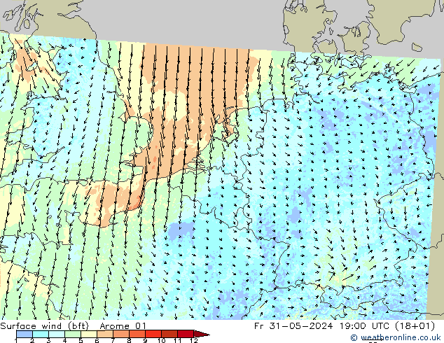 Bodenwind (bft) Arome 01 Fr 31.05.2024 19 UTC