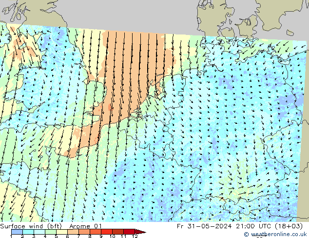 Viento 10 m (bft) Arome 01 vie 31.05.2024 21 UTC