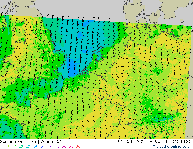 Vent 10 m Arome 01 sam 01.06.2024 06 UTC