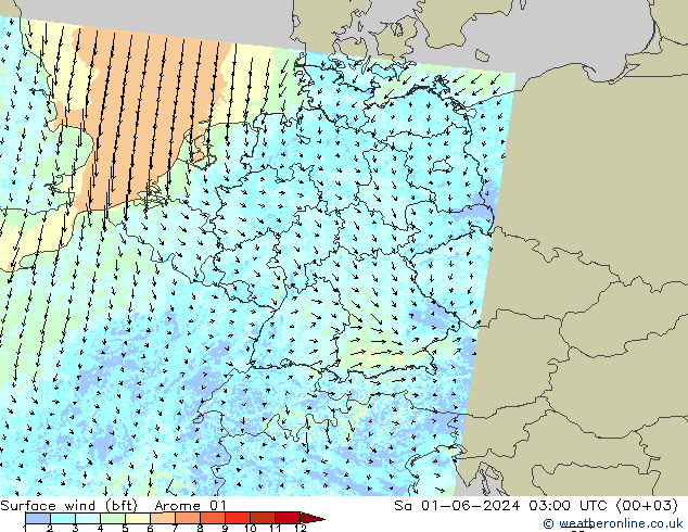Bodenwind (bft) Arome 01 Sa 01.06.2024 03 UTC