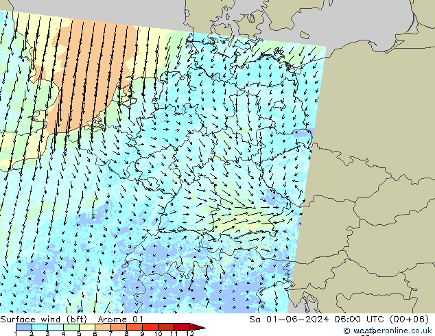 wiatr 10 m (bft) Arome 01 so. 01.06.2024 06 UTC