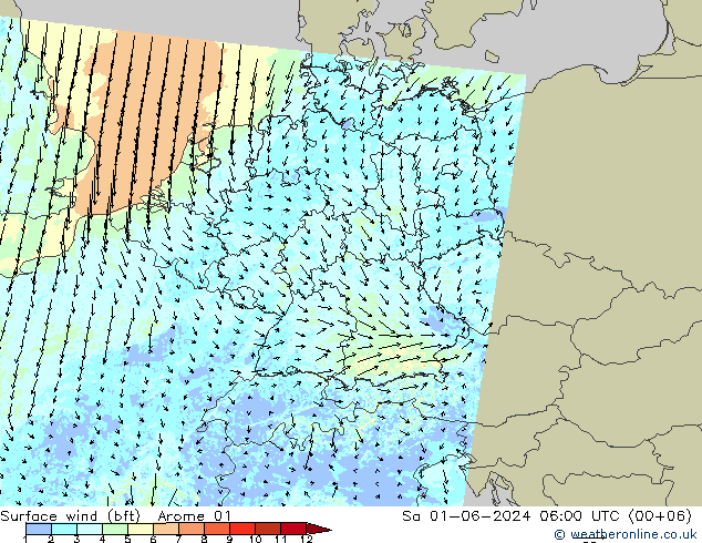 Rüzgar 10 m (bft) Arome 01 Cts 01.06.2024 06 UTC