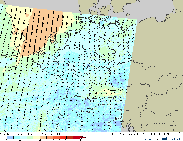 Surface wind (bft) Arome 01 So 01.06.2024 12 UTC