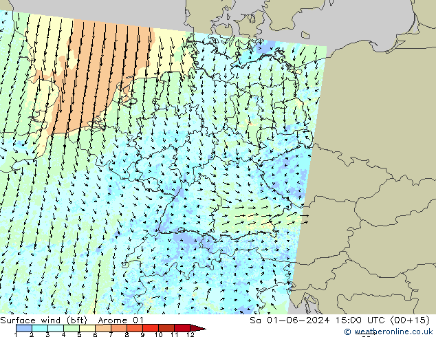 wiatr 10 m (bft) Arome 01 so. 01.06.2024 15 UTC