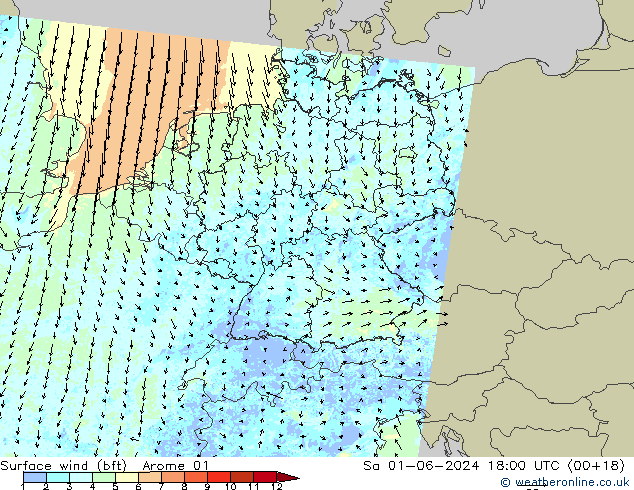 Surface wind (bft) Arome 01 Sa 01.06.2024 18 UTC