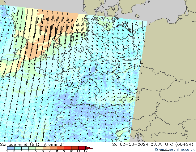 Wind 10 m (bft) Arome 01 zo 02.06.2024 00 UTC