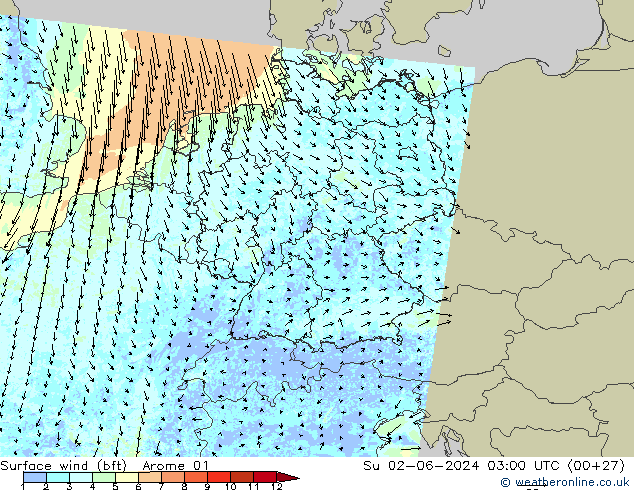 Bodenwind (bft) Arome 01 So 02.06.2024 03 UTC