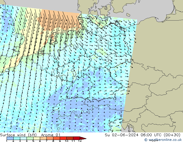 wiatr 10 m (bft) Arome 01 nie. 02.06.2024 06 UTC