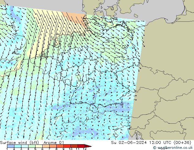 Surface wind (bft) Arome 01 Su 02.06.2024 12 UTC