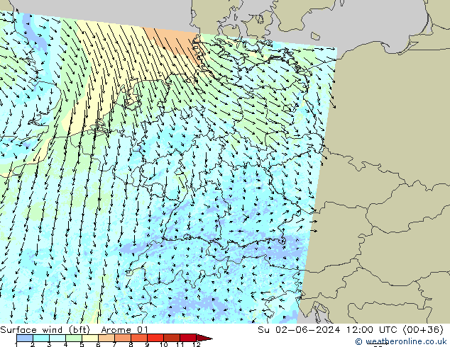 Surface wind (bft) Arome 01 Ne 02.06.2024 12 UTC