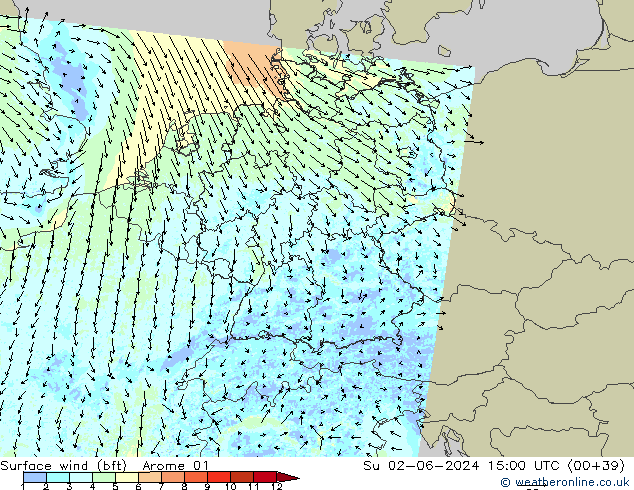 Vent 10 m (bft) Arome 01 dim 02.06.2024 15 UTC