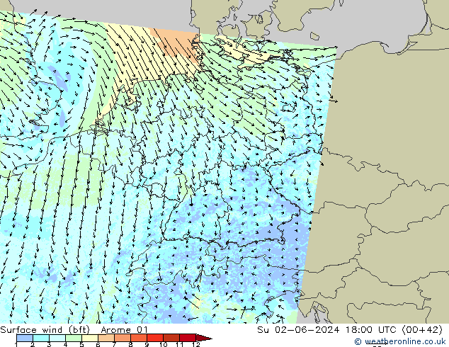  10 m (bft) Arome 01  02.06.2024 18 UTC