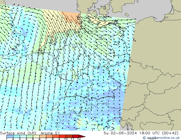 Surface wind (bft) Arome 01 Ne 02.06.2024 18 UTC