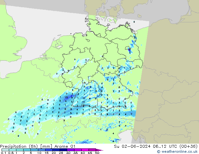 Precipitação (6h) Arome 01 Dom 02.06.2024 12 UTC