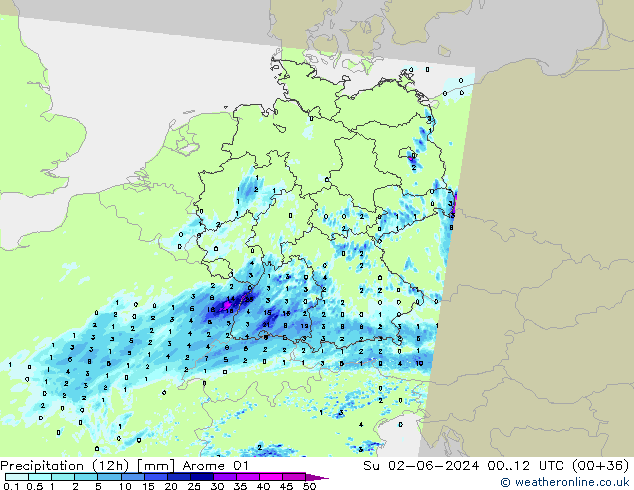 Precipitation (12h) Arome 01 Su 02.06.2024 12 UTC