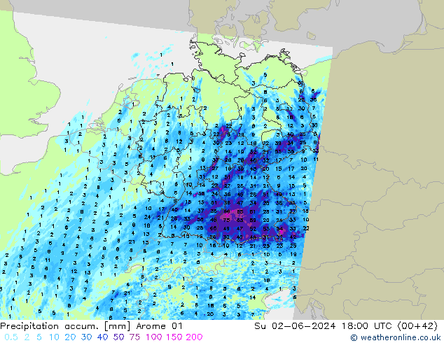 Precipitation accum. Arome 01 Su 02.06.2024 18 UTC