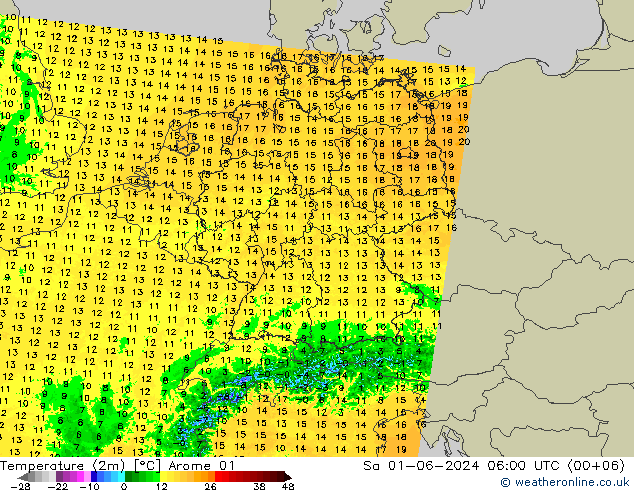 Temperatuurkaart (2m) Arome 01 za 01.06.2024 06 UTC