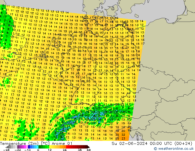 Temperatuurkaart (2m) Arome 01 zo 02.06.2024 00 UTC